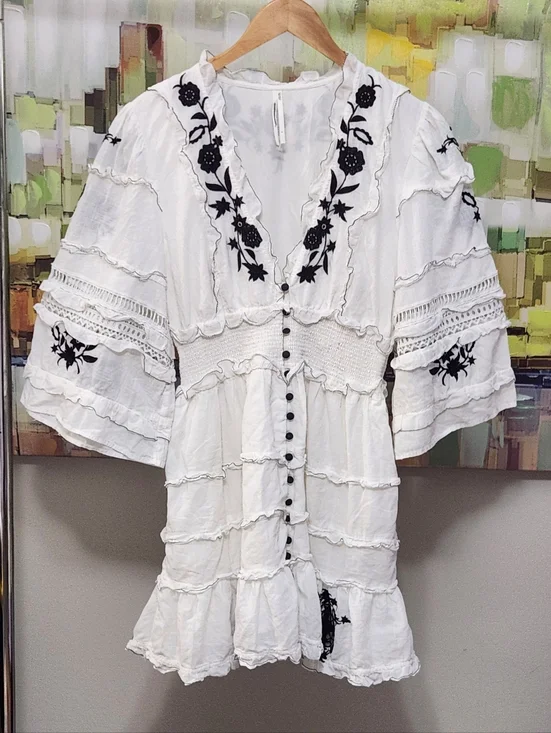 Anthropologie Mini Dress Embroidered Ruffled Vacay Preppy Boho - Picture 6 of 9